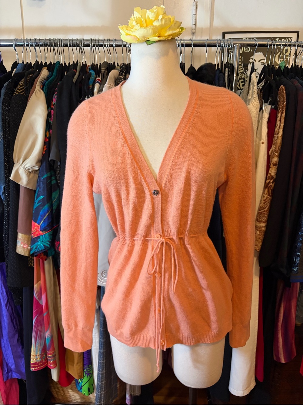 ESCADA SPORT Cashmere Peach V-Neck Drawstring Waist Cardigan Sweater Size M